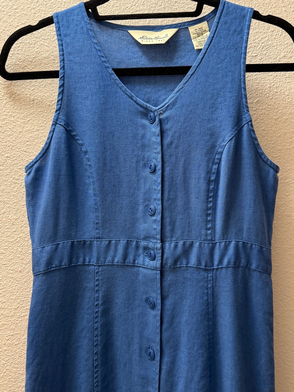 Vintage 90s Eddie Bauer 100% Linen Midi Dress XSP Coastal Grandma Blue Boho - Picture 3 of 9